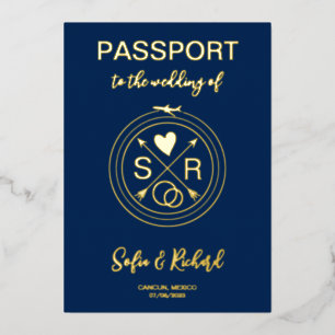Passport Wedding Destination Gold Foil Flugzeug He Folieneinladung