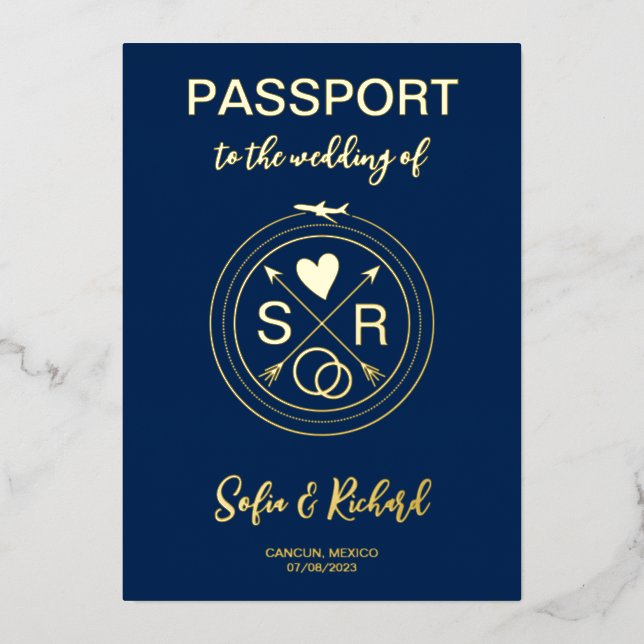 Passport Wedding Destination Gold Foil Flugzeug He Folieneinladung (Vorderseite)