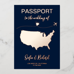 Passport Wedding Destination Gold Foil Flugzeug He Folieneinladung