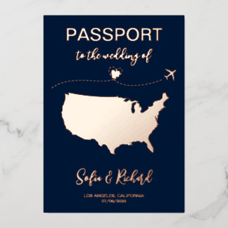 Passport Wedding Destination Gold Foil Flugzeug He Folieneinladung