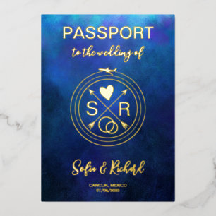 Passport Wedding Destination Gold Foil Flugzeug He Folieneinladung