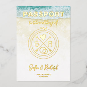 Passport Wedding Destination Gold Foil Flugzeug He Folieneinladung