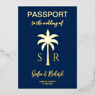 Passport Wedding Destination Gold Palm Monogram Folieneinladung