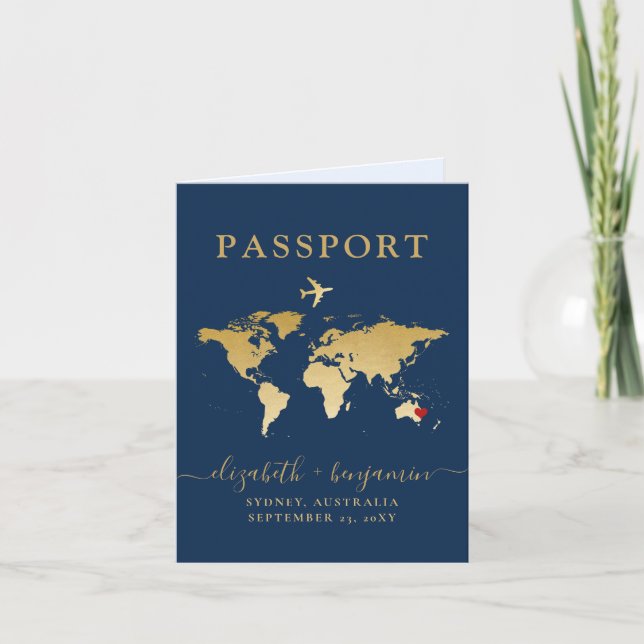 Passport Wedding Einladung Blue Gold Karte + Herz (Vorderseite)