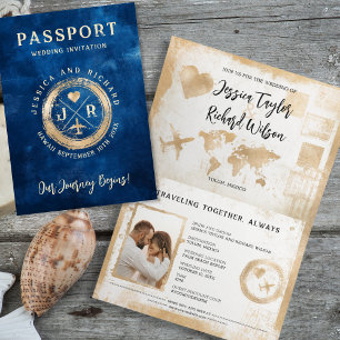 Passport Wedding Navy Blue Gold Vintag Einladung