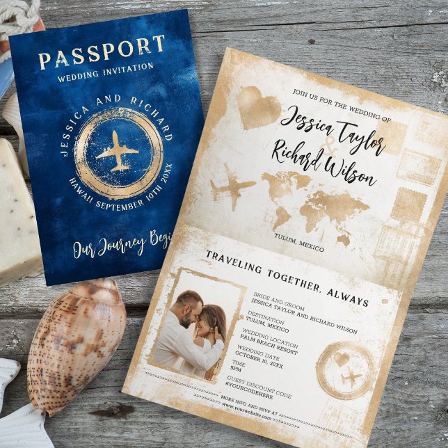 Passport Wedding Navy Blue Gold Vintag Einladung (vintage passport with gold plane and stamp on navy background)