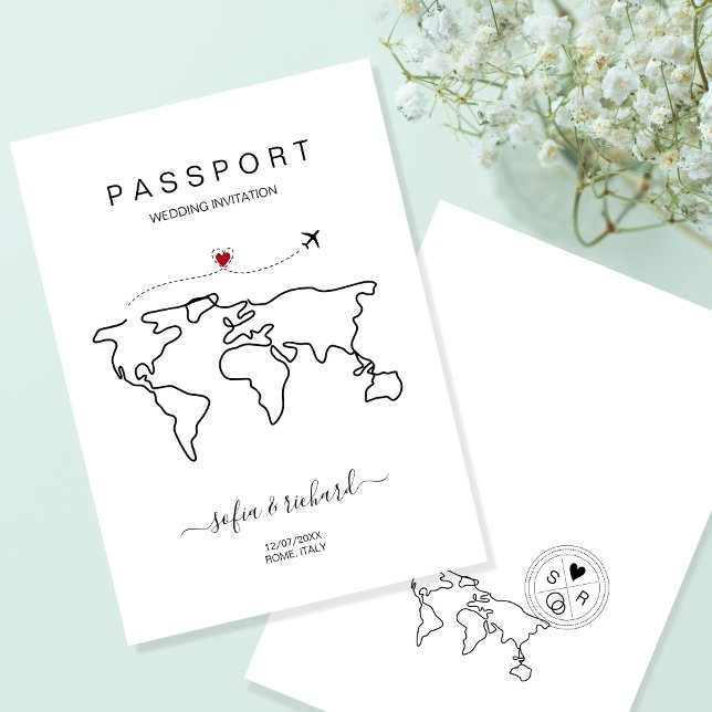 Passport World Map Modernes Minimalistisches Ziel Einladung (Von Creator hochgeladen)