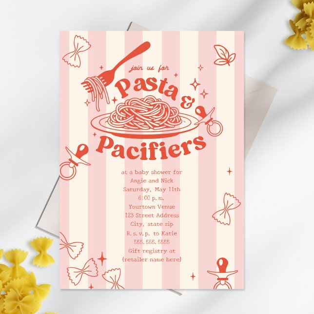 Pasta & Pacifiers Doodle Pink Girl Baby Shower Einladung (Von Creator hochgeladen)