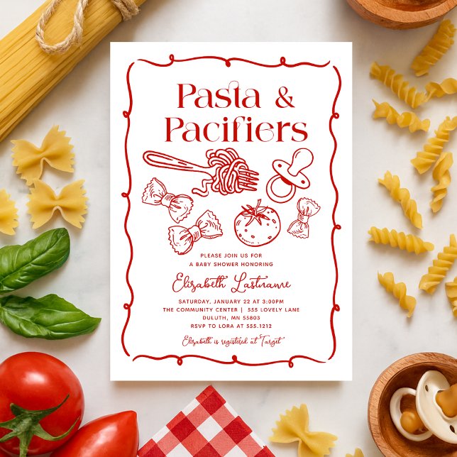 Pasta & Schnuller Handgezeichnete italienische Bab Einladung (Pasta & Pacifiers Red Hand Drawn Pasta Baby Shower Invitation)