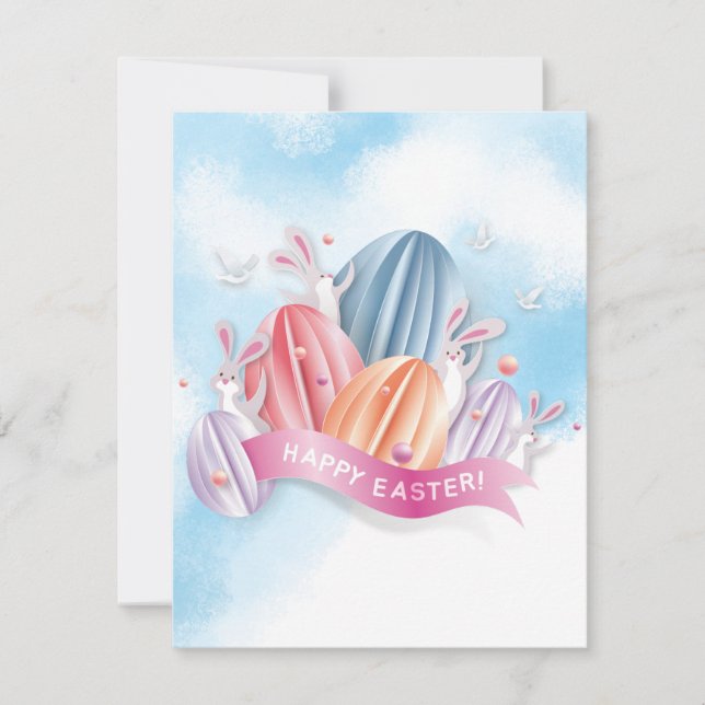 Pastel 3D Ostereier mit Hasen-Einladung (Vorderseite)