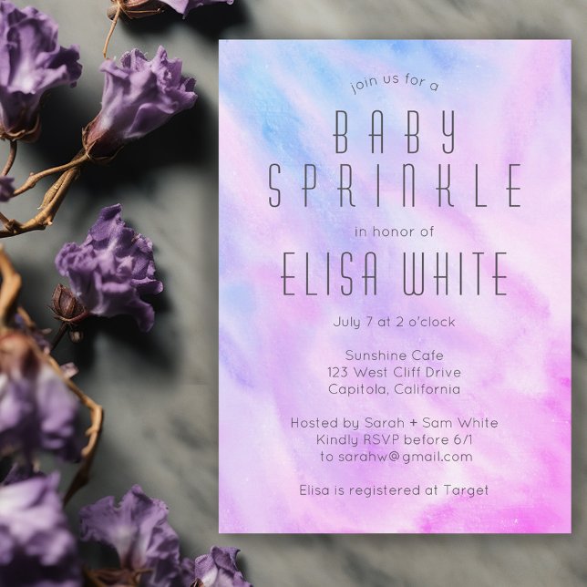 Pastel Abstrakt Elegante Chic CUSTOM BABY SPRINKLE Einladung (Pastel Abstract Elegant Chic CUSTOM BABY SPRINKLE Invitation purple blue watercolor)