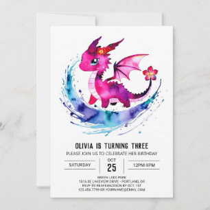 Pastel Adorable Dragon Digital Girl Geburtstag Einladung
