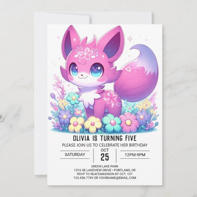 Pastel Adorable Fox Digital Geburtstag Einladung (Vorderseite)