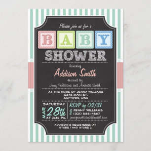 Pastel Alphabet Blocks Chalkboard-Look Kinderdusch Einladung