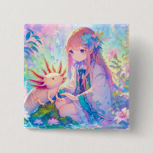 Pastel Anime Girl und Axolotl Button