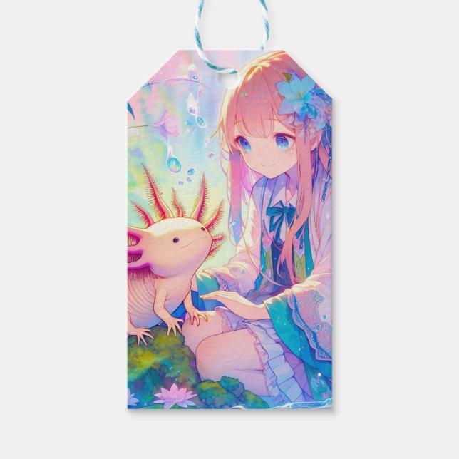 Pastel Anime Girl und Axolotl Personalisiert Geschenkanhänger (Vorderseite)