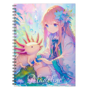Pastel Anime Girl und Axolotl Personalisiert Notizblock