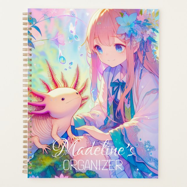 Pastel Anime Girl und Axolotl Personalisiert Planer (Vorderseite)