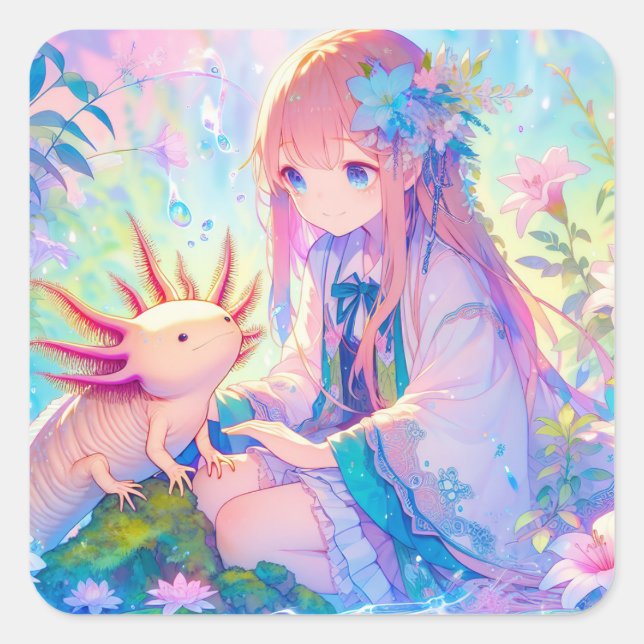 Pastel Anime Girl und Axolotl Personalisiert Quadratischer Aufkleber (Vorderseite)