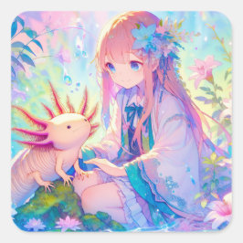 Pastel Anime Girl und Axolotl Personalisiert Quadratischer Aufkleber