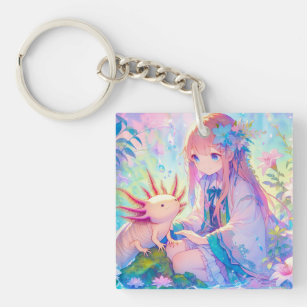Pastel Anime Girl und Axolotl Personalisiert Schlüsselanhänger