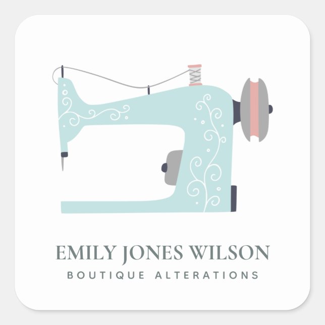 PASTEL AQUA BLUE PEACH PINK SEWMACHINE TAILOR QUADRATISCHER AUFKLEBER (Vorderseite)