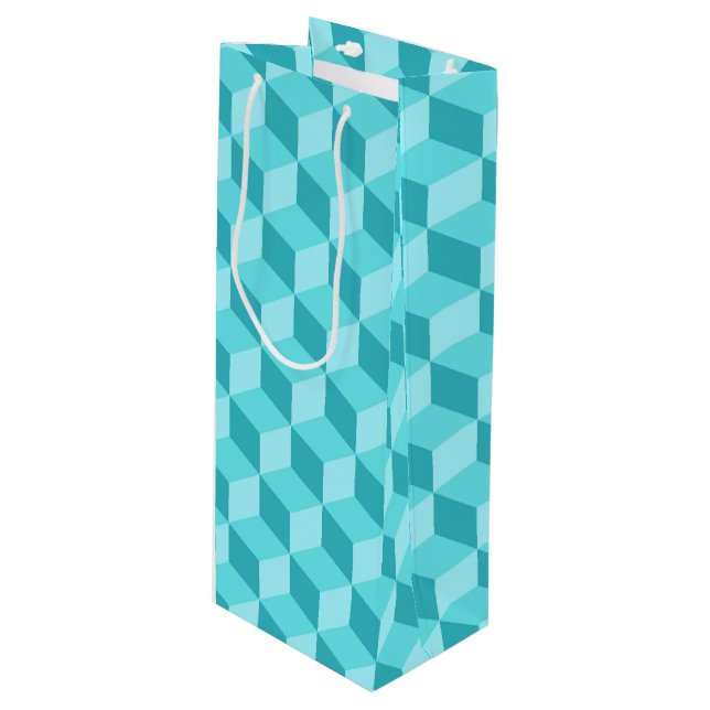 PASTEL AQUA GEOMETRIC CUBE PATTERS GESCHENKTÜTE FÜR WEINFLASCHEN (Vorderseite Schrägansicht)