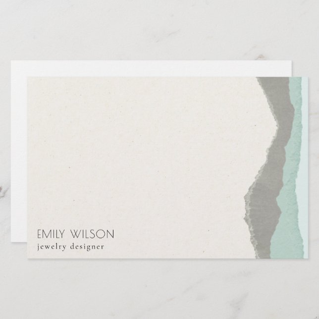 Pastel Aqua Gray Kraft Mountain Wave Torn Edge Briefpapier (Vorne/Hinten)