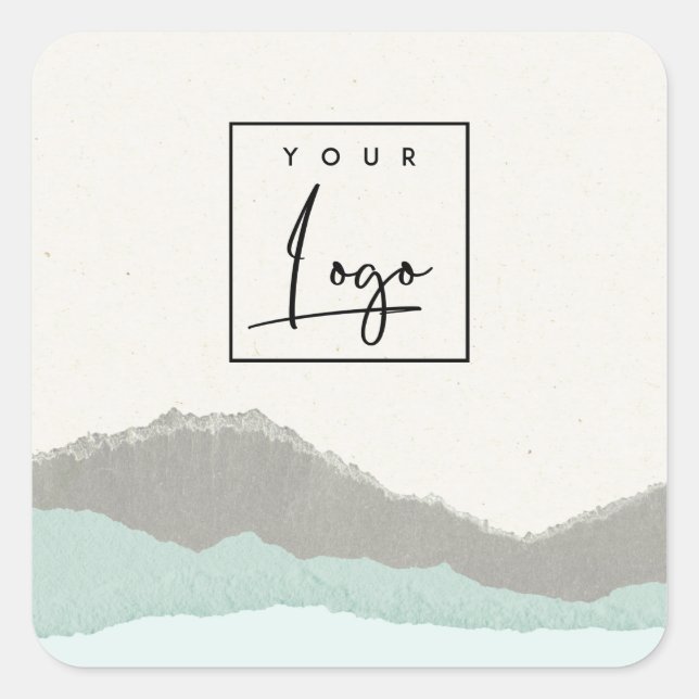 Pastel Aqua Kraft Mountain Wave Torn Edge Logo Quadratischer Aufkleber (Vorderseite)