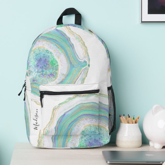Pastel Aqua und Lila Agate-Muster mit Name Bedruckter Rucksack (Von Creator hochgeladen)