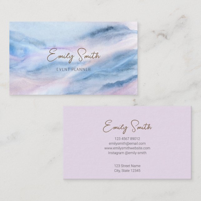 Pastel Aquamarin Lila Marmor mit  Wasserfarbe Abst Visitenkarte (Vorne/Hinten)