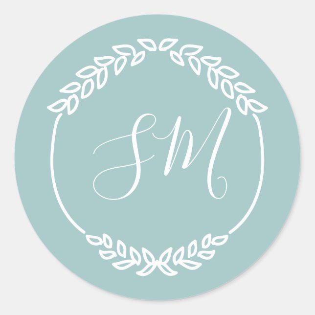 Pastel Aquamarin White Leaf Wreath Monogram Weddin Runder Aufkleber (Vorderseite)