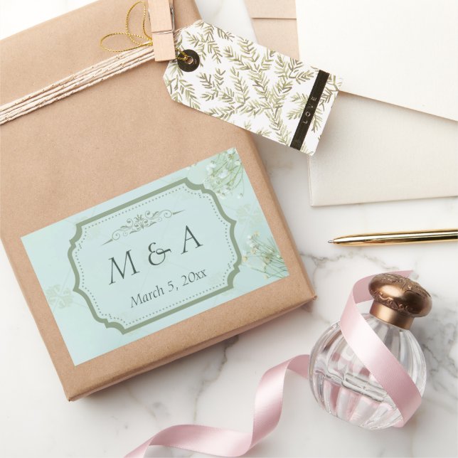 Pastel Aquamarine weiße Blume Hochzeit Rechteckiger Aufkleber (Schenken)