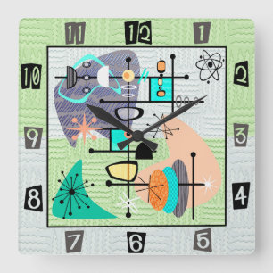 Pastel Atomic Modern Mid Century Quadratische Wanduhr