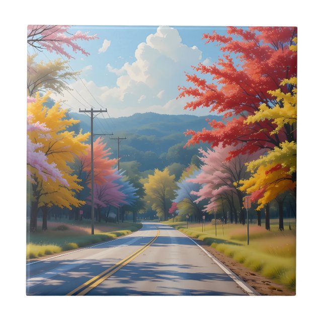 Pastel Autumn Country Road Watercolor Fliese (Vorderseite)