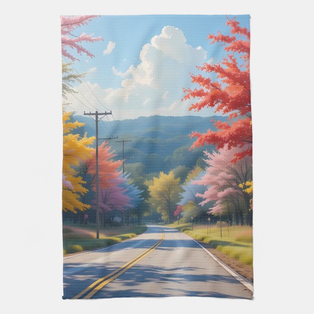 Pastel Autumn Country Road Watercolor Geschirrtuch (Vertikal)