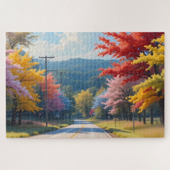 Pastel Autumn Country Road Watercolor Puzzle (Horizontal)