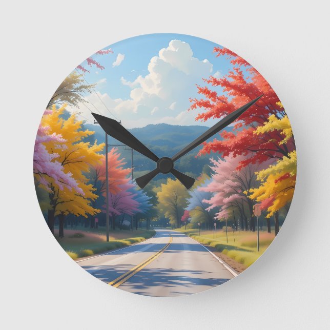 Pastel Autumn Country Road Watercolor Runde Wanduhr (Vorderseite)