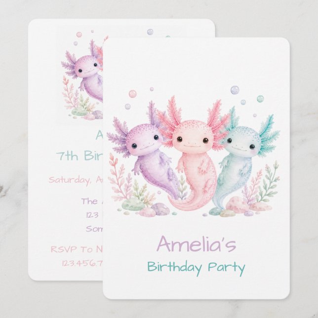 Pastel-Axolotl-Geburtstagsfeier  Einladung (Vorne/Hinten)