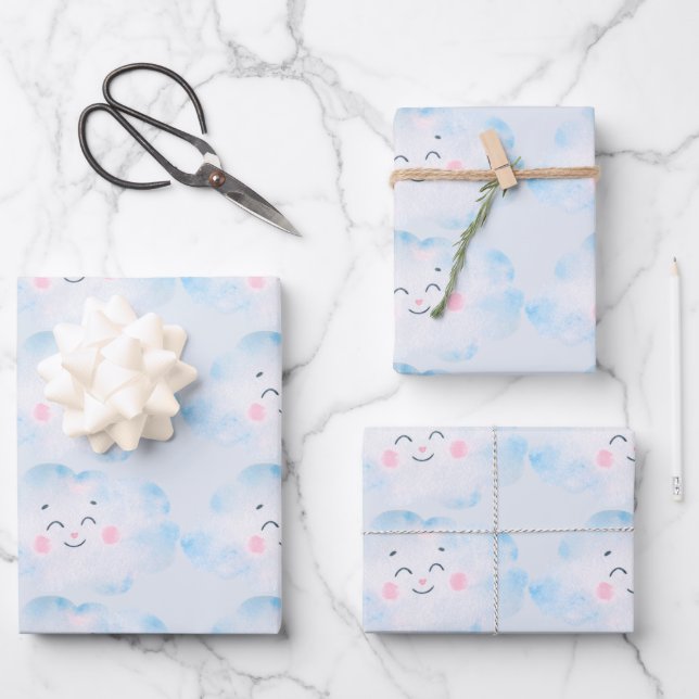 Pastel Baby Blue Clouds auf Blue Geschenkpapier Set (Vorderseite)