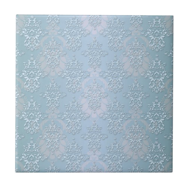 Pastel Baby Blue Damask Fliese (Vorderseite)