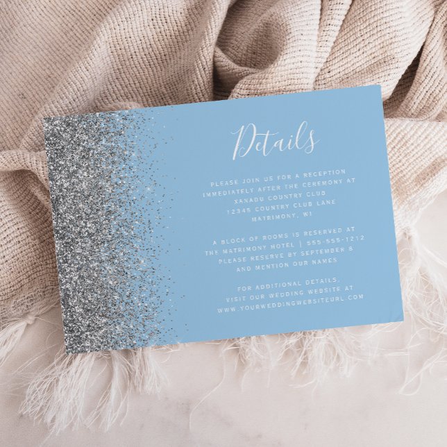 Pastel Baby Blue Silver Glitzer Hochzeitdetails Begleitkarte (Von Creator hochgeladen)