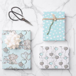 Pastel Baby Boy Niedlich Elephant Geschenkpapier Set
