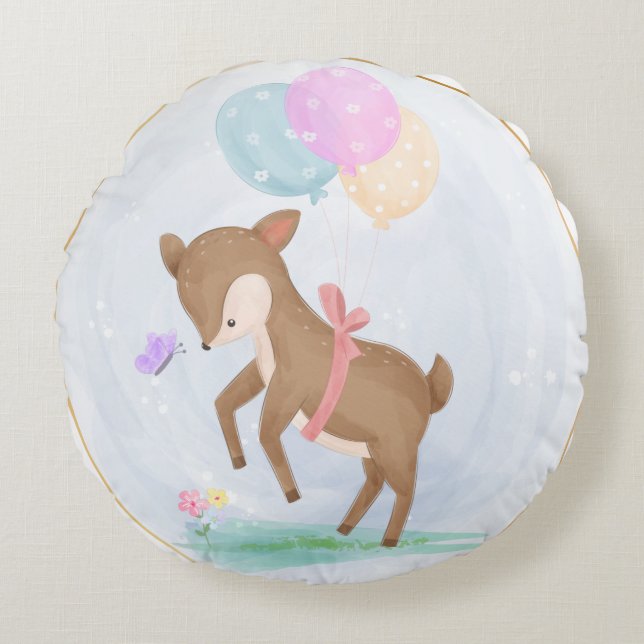 PASTEL BABY DEER MIT FARBHAFTEN BALLOONS RUNDES KISSEN (Vorderseite)