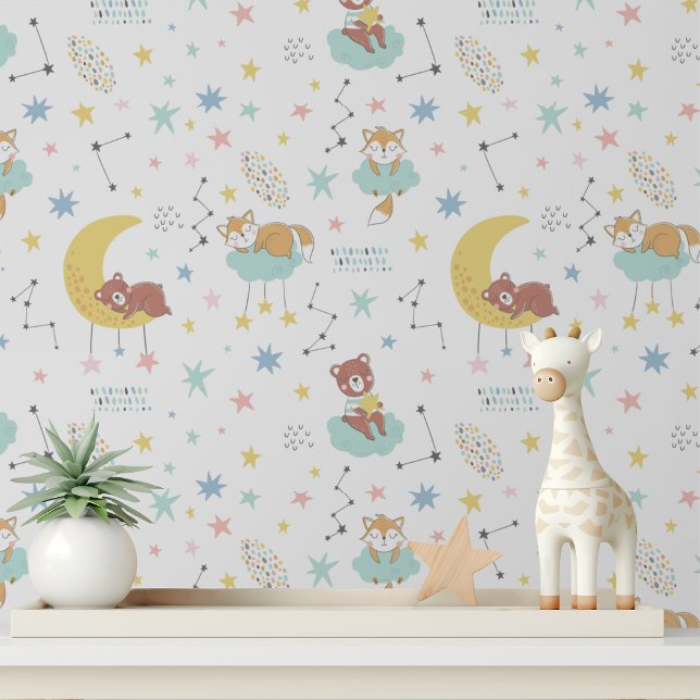 Pastel Baby Fox Bear Moon Stars Niedliches Kinderm Tapete (Von Creator hochgeladen)