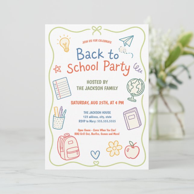 Pastel-Back-to-School-Party-Doodle Einladung (Stehend Vorderseite)