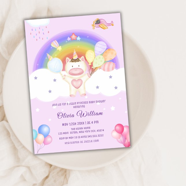 Pastel Balloon Unicorn Rainbow Baby Dusche Einladung (Pastel Balloon Unicorn Rainbow Baby Shower Invitation)