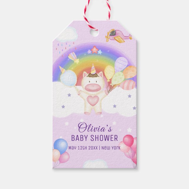 Pastel Balloon Unicorn Rainbow Baby Dusche Geschenkanhänger (Vorderseite)