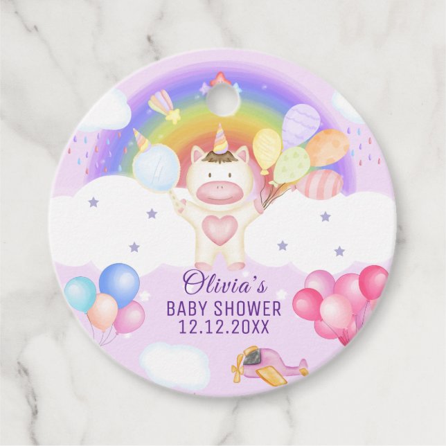 Pastel Balloon Unicorn Rainbow Baby Dusche Geschenkanhänger (Vorderseite)