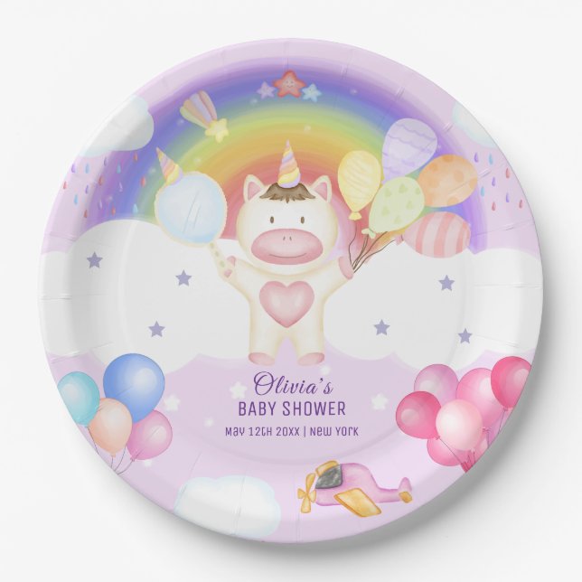 Pastel Balloon Unicorn Rainbow Baby Dusche Pappteller (Vorderseite)